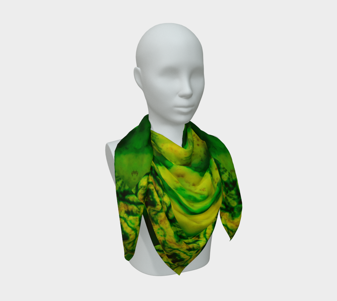 Bright green jade and gold Purely Jade Light silk art scarf draped on a mannequin, showing a broad layered mineral field by RJSTH.