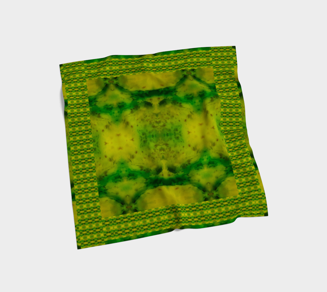 Yellow-green and deep green Purely Jade Light silk art scarf laid flat, showing a framed square-panel field with patterned border by RJSTH.