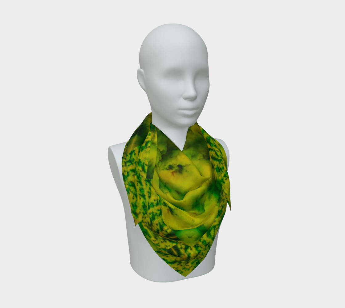 Bright yellow jade and green Purely Jade Light silk art scarf draped on a mannequin, showing a luminous central mineral field by RJSTH.