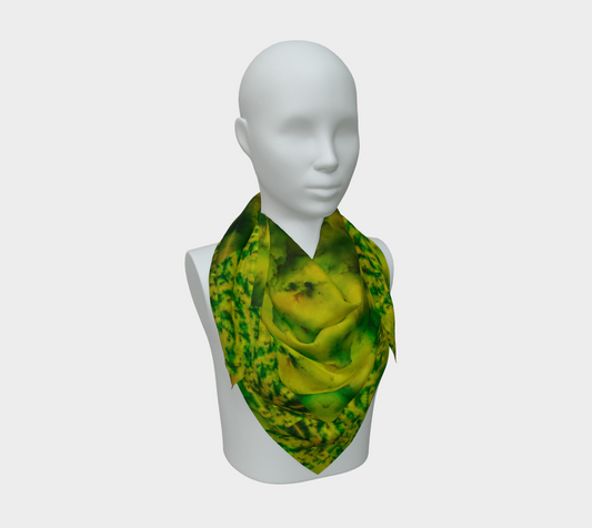 Bright yellow jade and green Purely Jade Light silk art scarf draped on a mannequin, showing a luminous central mineral field by RJSTH.