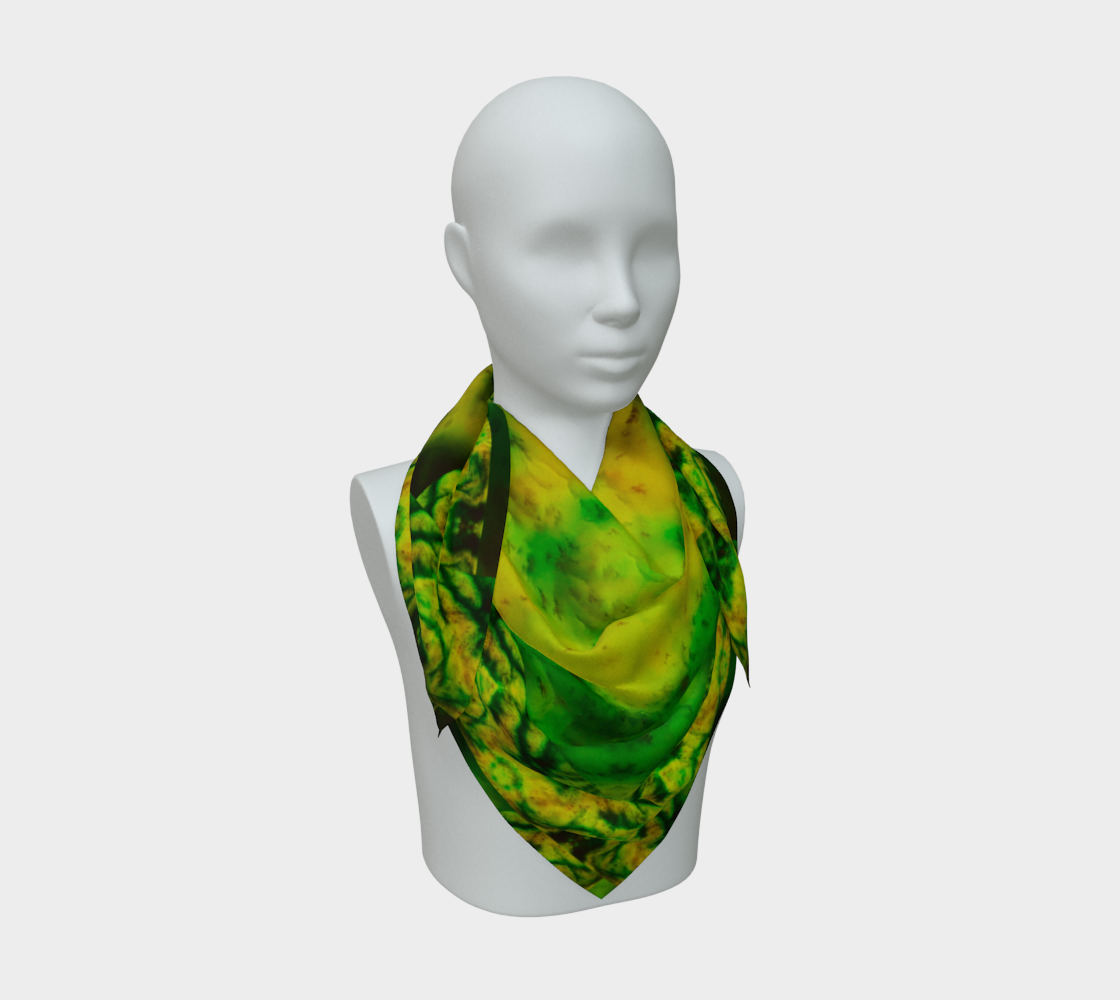 Yellow jade and green Purely Jade Light silk art scarf draped on a mannequin, showing a soft layered mineral field by RJSTH.