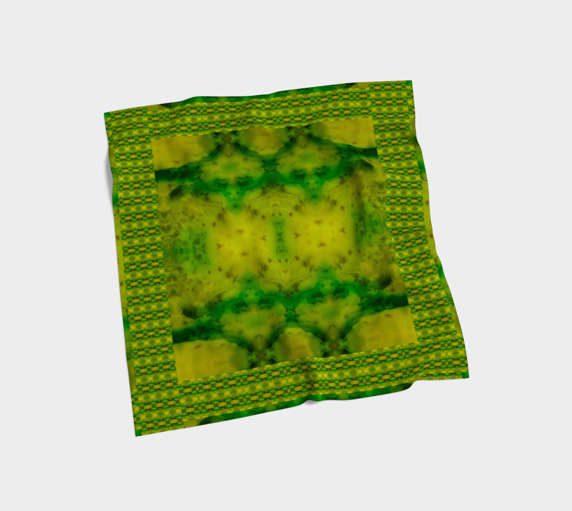 Bright yellow jade and green Purely Jade Light silk art scarf laid flat, showing a framed square central panel with patterned border by RJSTH.