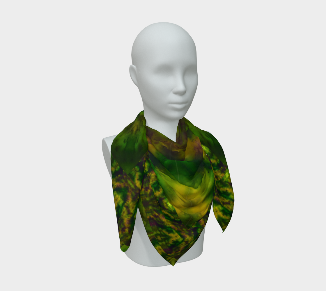 Deep green and yellow-gold Purely Jade Light silk art scarf draped on a mannequin, showing a softer inward mineral field by RJSTH.