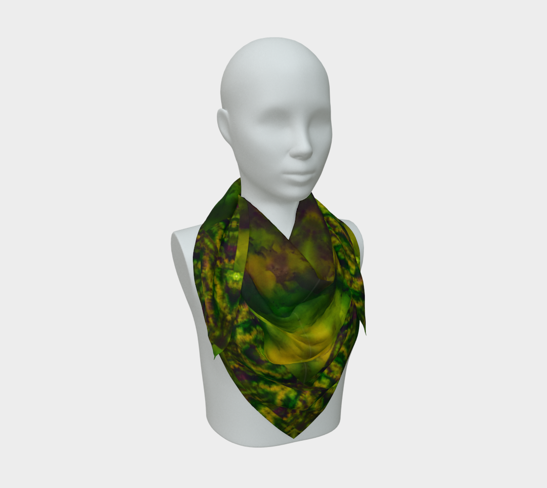 Deep green, yellow-gold, and muted violet Purely Jade Light silk art scarf draped on a mannequin, showing a chambered mineral field by RJSTH.