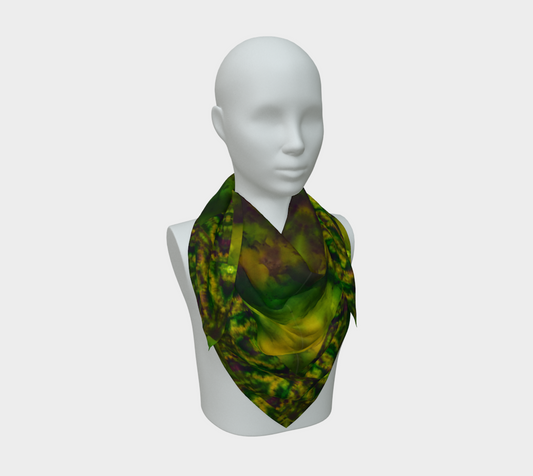 Deep green, yellow-gold, and muted violet Purely Jade Light silk art scarf draped on a mannequin, showing a chambered mineral field by RJSTH.