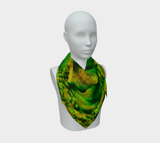 Green and yellow-gold Purely Jade Light silk art scarf draped on a mannequin, showing an inward mineral field by RJSTH.