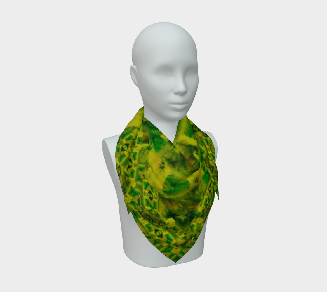 Yellow jade and green Purely Jade Light silk art scarf draped on a mannequin, showing a layered lattice field by RJSTH.