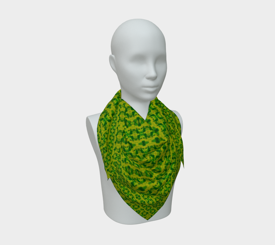 Bright yellow-green Purely Jade Light silk art scarf draped on a mannequin, showing a fine repeat field by RJSTH.