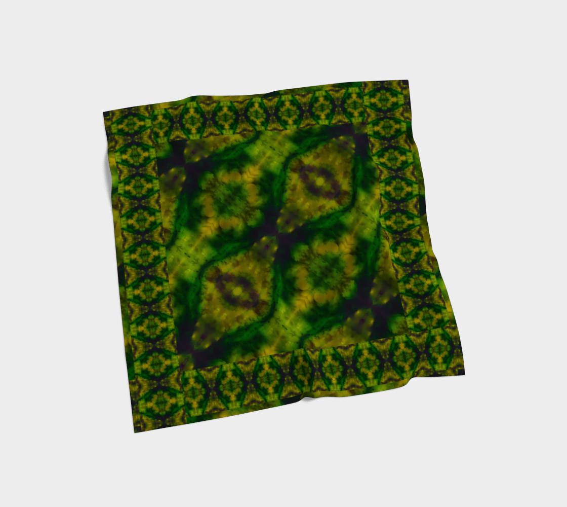 Yellow-green and deep green Purely Jade Light silk art scarf laid flat, showing a framed central panel with patterned border by RJSTH.