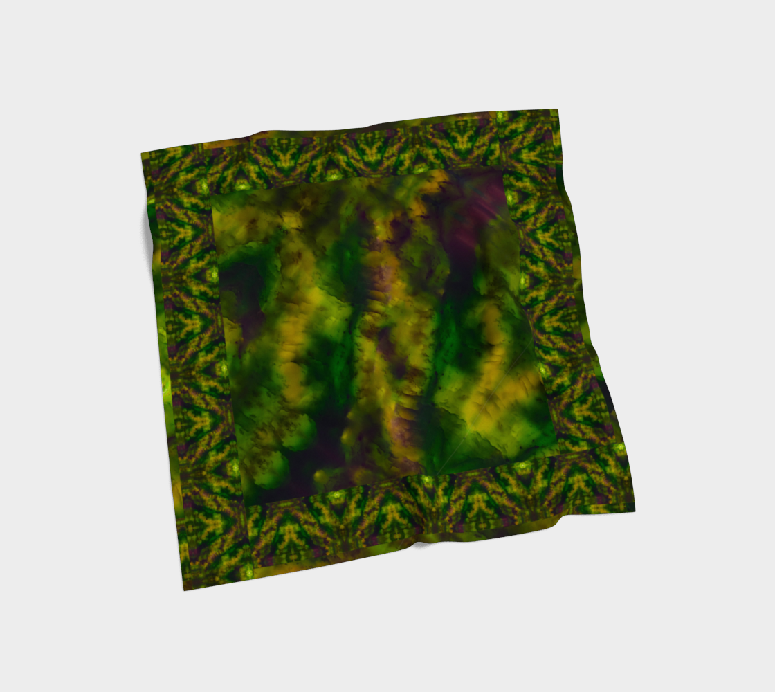 Deep green, yellow-gold, and muted violet Purely Jade Light silk art scarf laid flat, showing a framed central field with patterned border by RJSTH.