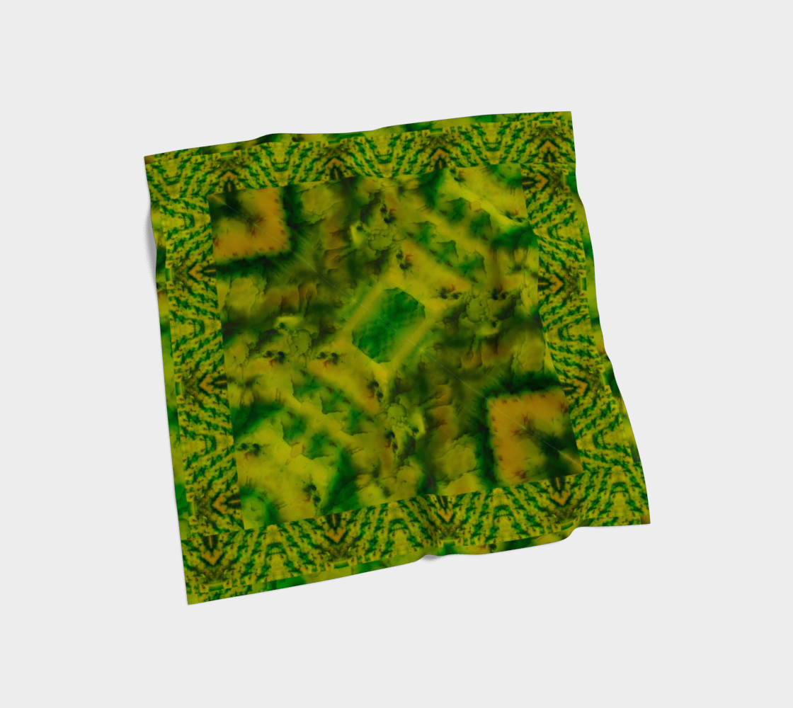 Bright yellow jade and green Purely Jade Light silk art scarf laid flat, showing a framed square central panel with patterned border by RJSTH.