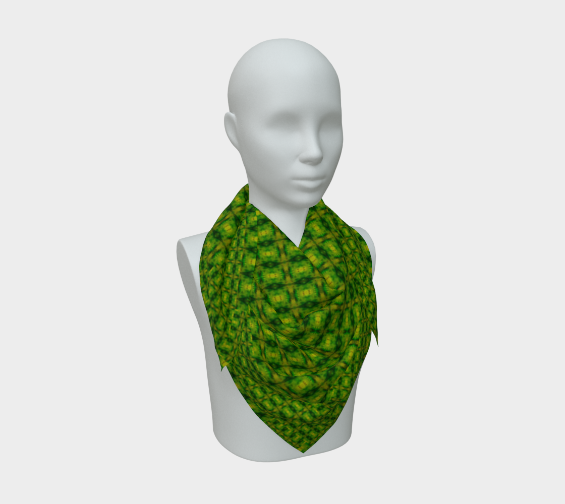 Bright yellow-green Purely Jade Light silk art scarf draped on a mannequin, showing a fine-grid repeat field by RJSTH.