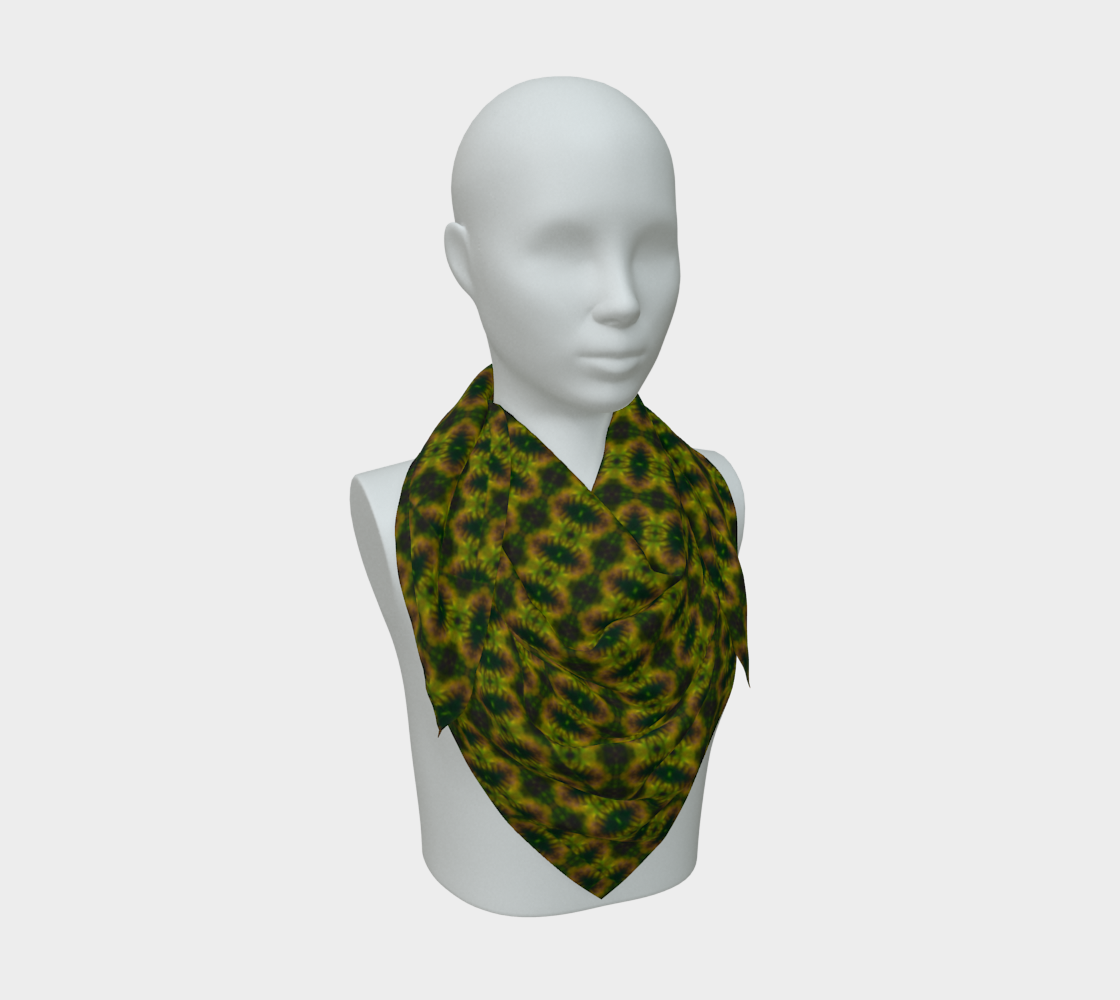 Green jade and yellow-gold Purely Jade Light silk art scarf draped on a mannequin, showing a clustered medallion-lattice field by RJSTH.