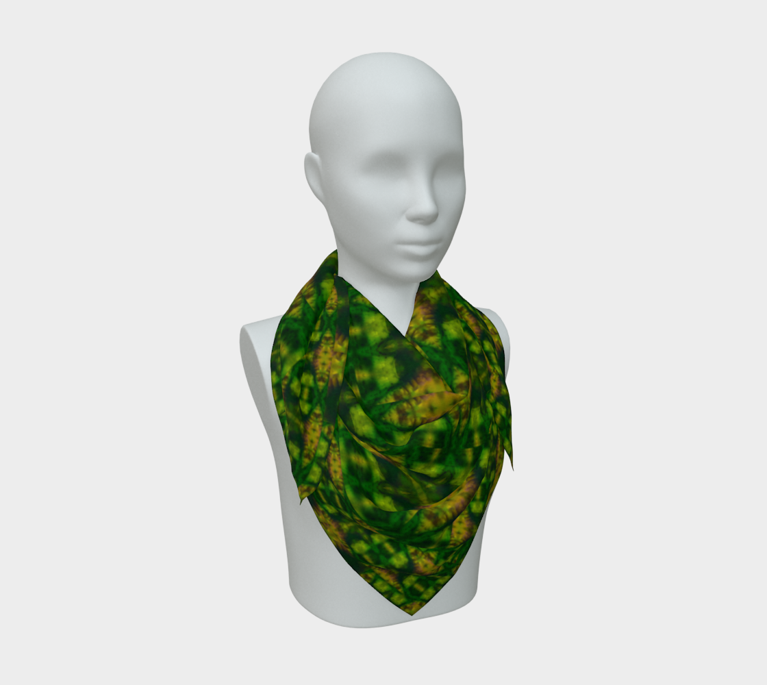 Green, yellow-gold, and muted violet Purely Jade Light silk art scarf draped on a mannequin, showing a clustered medallion-lattice field by RJSTH.