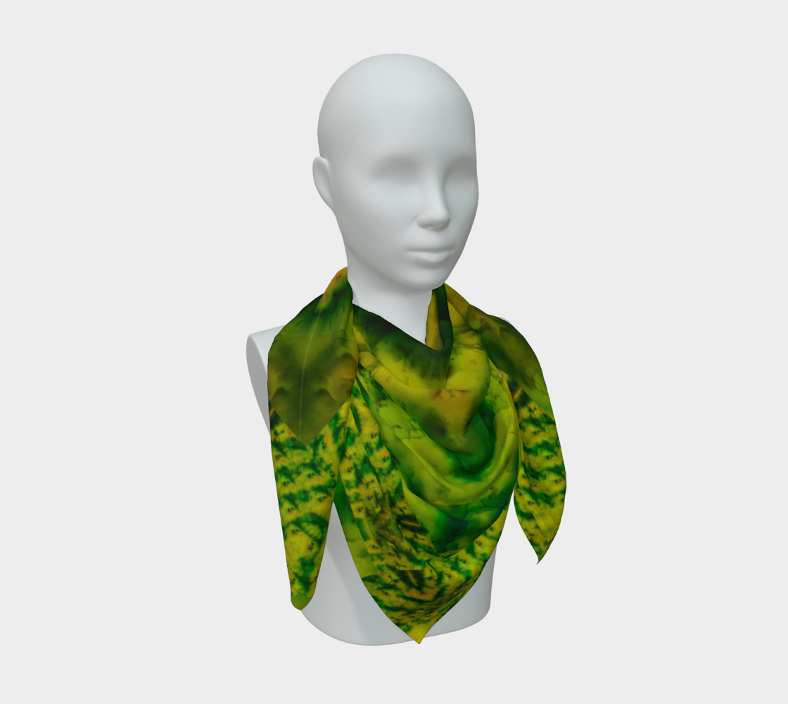 Yellow-gold and green Purely Jade Light silk art scarf draped on a mannequin, showing a denser rounded cellular field by RJSTH.