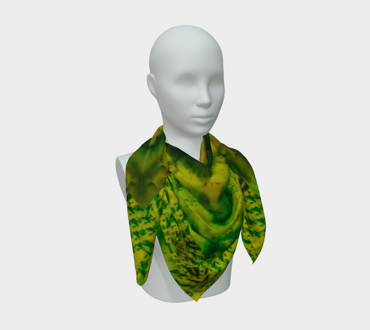 Yellow-gold and green Purely Jade Light silk art scarf draped on a mannequin, showing a denser rounded cellular field by RJSTH.