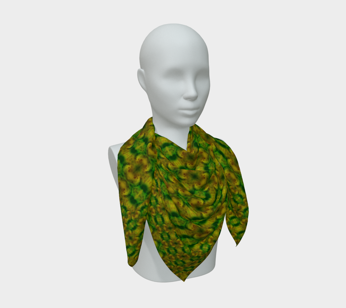 Yellow-gold and green Purely Jade Light silk art scarf draped on a mannequin, showing a denser clustered mineral field by RJSTH.
