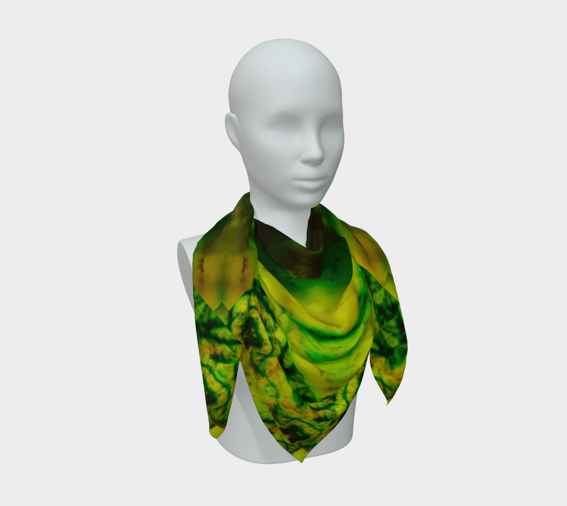 Yellow jade and deep green Purely Jade Light silk art scarf draped on a mannequin, showing a banded mineral-panel field by RJSTH.