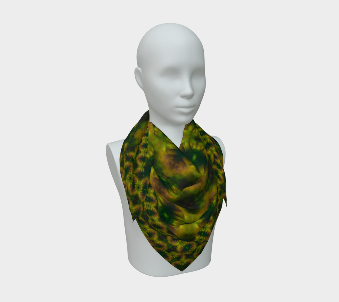 Yellow-gold, deep green, and muted violet Purely Jade Light silk art scarf draped on a mannequin, showing a clustered medallion-lattice field by RJSTH.