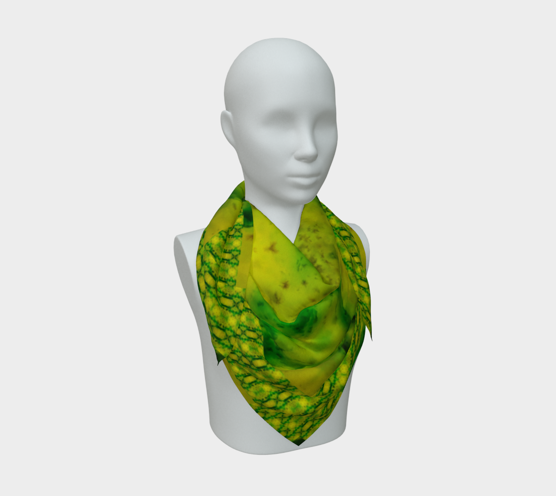 Yellow-green and deep green Purely Jade Light silk art scarf draped on a mannequin, showing a soft central mineral-panel field by RJSTH.