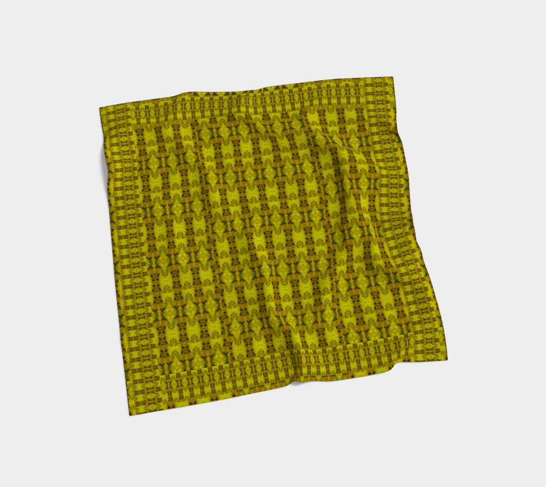 Bright yellow jade and brown-gold Purely Jade Light silk art scarf laid flat, showing a framed small-repeat lattice field by RJSTH.