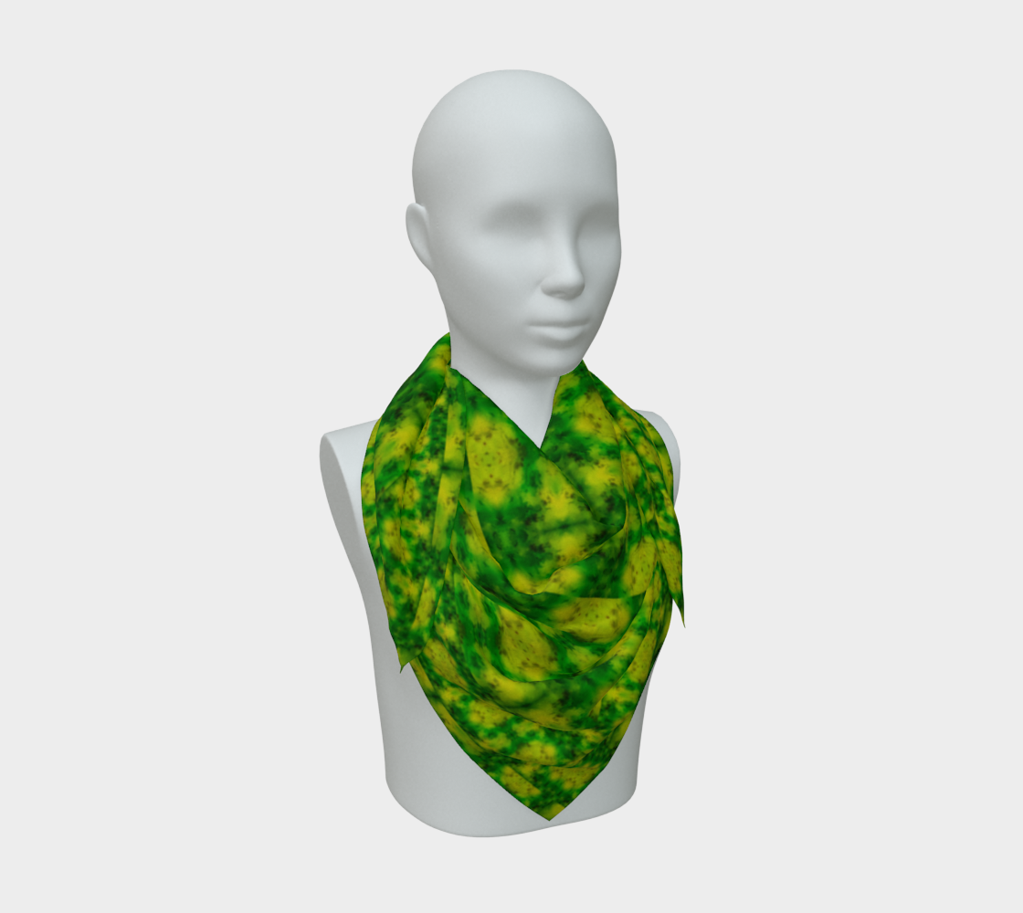 Yellow-green and deep green Purely Jade Light silk art scarf draped on a mannequin, showing a soft marbled mineral field by RJSTH.