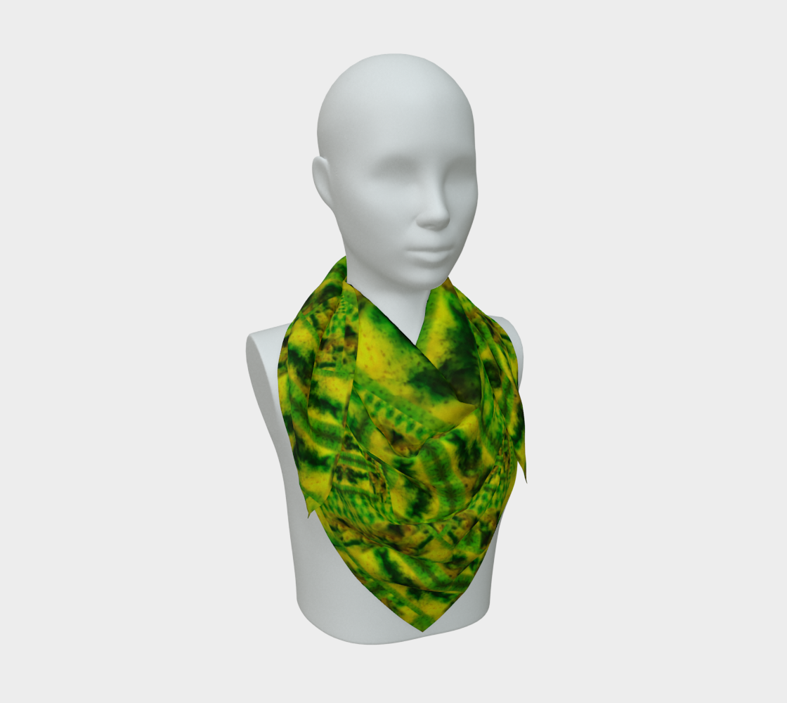 Yellow jade and vivid green Purely Jade Light silk art scarf draped on a mannequin, showing a striped panel field by RJSTH.