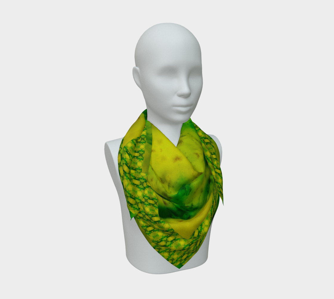 Bright yellow jade and green Purely Jade Light silk art scarf draped on a mannequin, showing a soft central panel field by RJSTH.