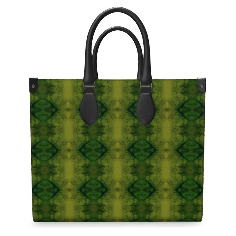 Hand Crafted, River Jade Smithy, Travis Huffaker, RJSTH, England, Apparel & Accessories > Handbags, Wallets & Cases > Handbags, Shoppers Bag, RJSTH@FABRIC#5, Nappa Leather,  Large - 15.7" x 13.4" x 7.1" / Weight: 2.4 lbs, Small - 13.8" x 11.0" x 6.1" / Weight: 2.0 lbs, Black Handle, geometric, stain glass, green, jade, & purple, stripe, through woven, Copper, on the ends, front