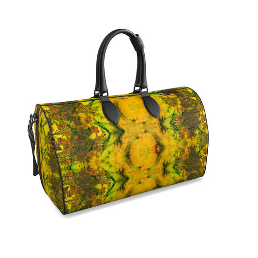 Hand Crafted, Print on Demand, England, River Jade Smithy, Travis Huffaker, RJSTH, Luggage & Bags > Duffel Bags, duffle, RJSTH@Fabric#1, WindSong Flower, Nappa Leather, Gunmetal hardware, Small (W x L x H): 7.9" x 14.6" x 8.3,  Large (W x L x H): 9.1" x 20.1" x 11.2, black handle, yellow, jade, copper, orange flowers, front