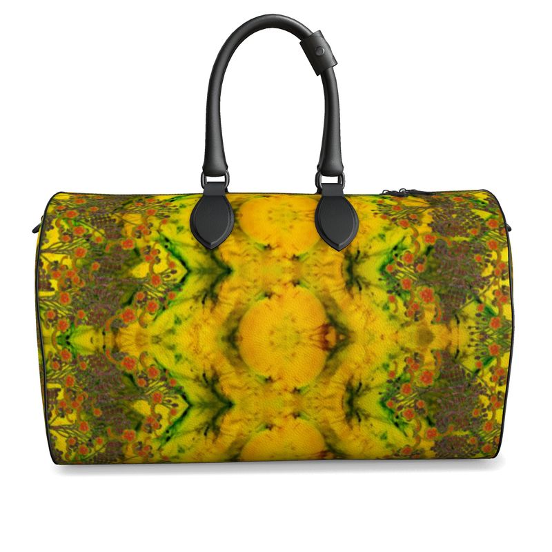 Hand Crafted, Print on Demand, England, River Jade Smithy, Travis Huffaker, RJSTH, Luggage & Bags > Duffel Bags, duffle, RJSTH@Fabric#1, WindSong Flower, Nappa Leather, Gunmetal hardware, Small (W x L x H): 7.9" x 14.6" x 8.3,  Large (W x L x H): 9.1" x 20.1" x 11.2, black handle, yellow, jade, copper, orange flowers, other front