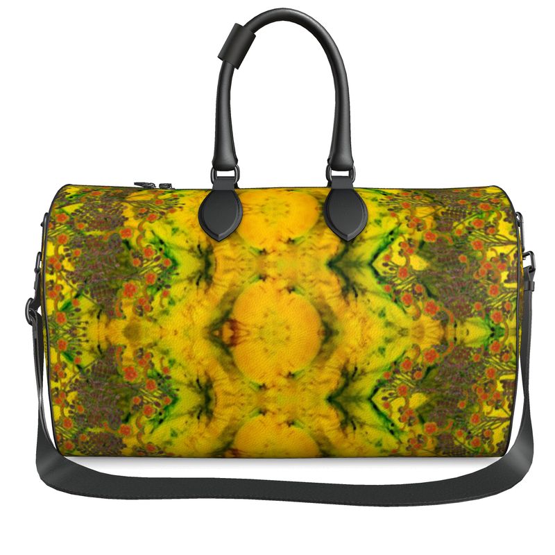 Hand Crafted, Print on Demand, England, River Jade Smithy, Travis Huffaker, RJSTH, Luggage & Bags > Duffel Bags, duffle, RJSTH@Fabric#1, WindSong Flower, Nappa Leather, Gunmetal hardware, Small (W x L x H): 7.9" x 14.6" x 8.3,  Large (W x L x H): 9.1" x 20.1" x 11.2, black handle, yellow, jade, copper, orange flowers, front with strap