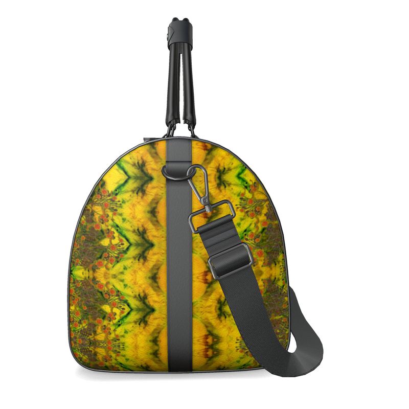Hand Crafted, Print on Demand, England, River Jade Smithy, Travis Huffaker, RJSTH, Luggage & Bags > Duffel Bags, duffle, RJSTH@Fabric#1, WindSong Flower, Nappa Leather, Gunmetal hardware, Small (W x L x H): 7.9" x 14.6" x 8.3,  Large (W x L x H): 9.1" x 20.1" x 11.2, black handle, yellow, jade, copper, orange flowers, side