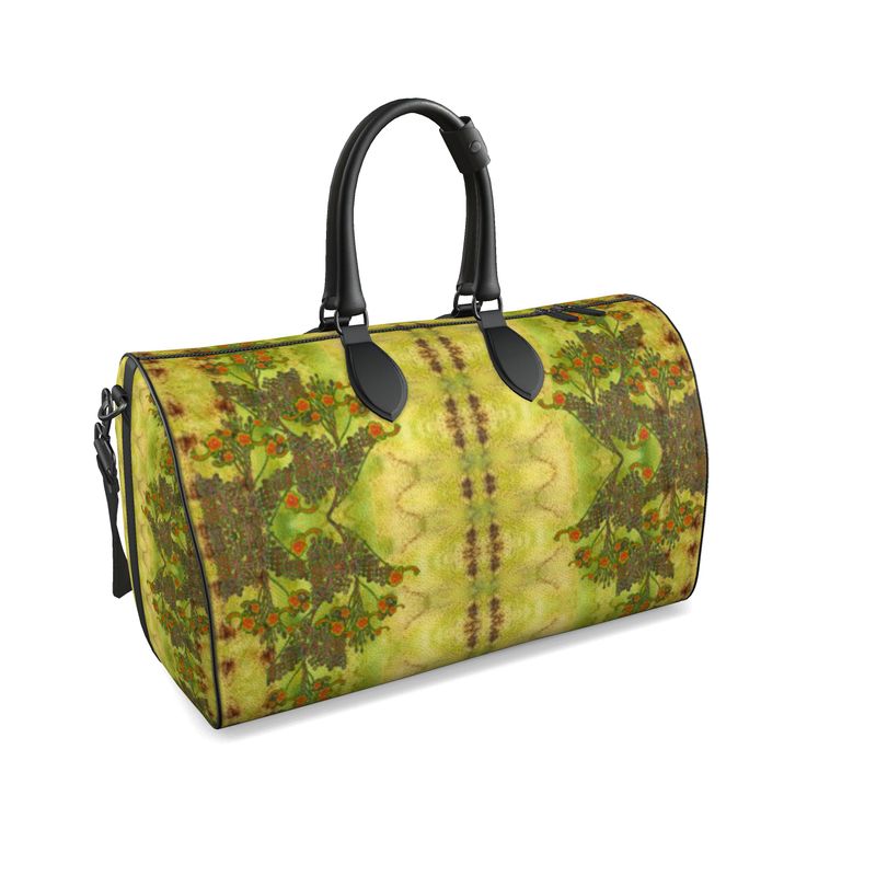 Hand Crafted, Print on Demand, England, River Jade Smithy, Travis Huffaker, RJSTH, Luggage & Bags > Duffel Bags, duffle, RJSTH@Fabric#2, WindSong Flower Collection, Nappa Leather, Gunmetal hardware, Small (W x L x H): 7.9" x 14.6" x 8.3,  Large (W x L x H): 9.1" x 20.1" x 11.2, black handle, moss, green, copper, orange, front detail