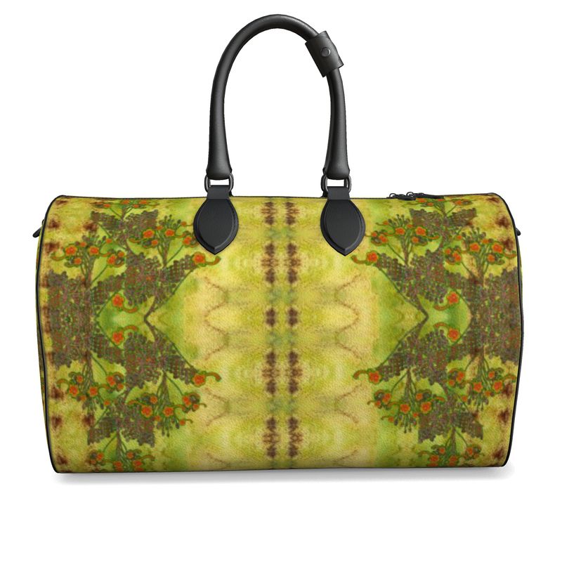 Hand Crafted, Print on Demand, England, River Jade Smithy, Travis Huffaker, RJSTH, Luggage & Bags > Duffel Bags, duffle, RJSTH@Fabric#2, WindSong Flower Collection, Nappa Leather, Gunmetal hardware, Small (W x L x H): 7.9" x 14.6" x 8.3,  Large (W x L x H): 9.1" x 20.1" x 11.2, black handle, moss, green, copper, orange, front