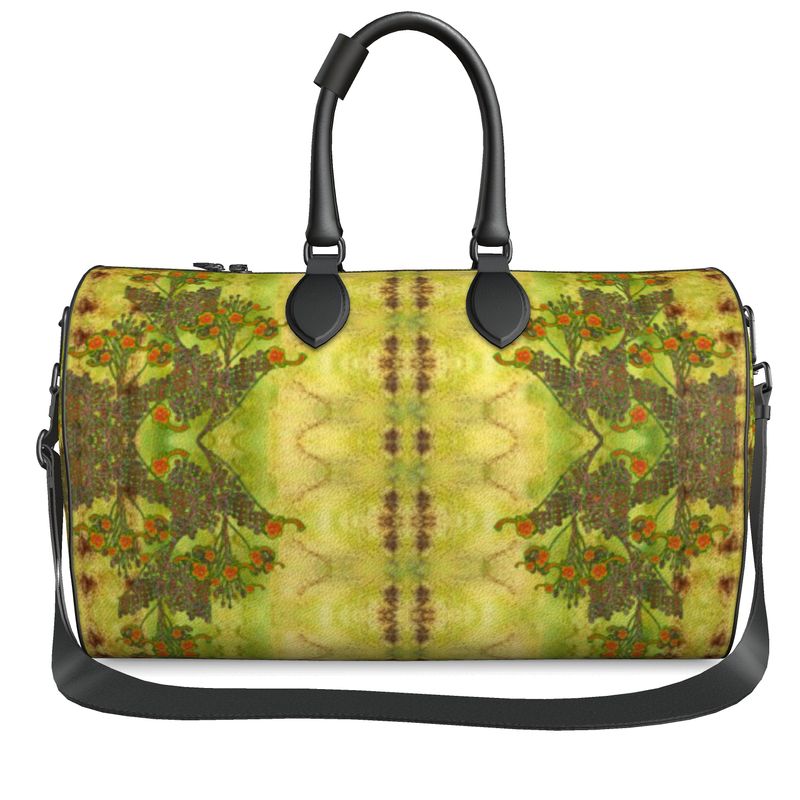 Hand Crafted, Print on Demand, England, River Jade Smithy, Travis Huffaker, RJSTH, Luggage & Bags > Duffel Bags, duffle, RJSTH@Fabric#2, WindSong Flower Collection, Nappa Leather, Gunmetal hardware, Small (W x L x H): 7.9" x 14.6" x 8.3,  Large (W x L x H): 9.1" x 20.1" x 11.2, black handle, moss, green, copper, orange, other front