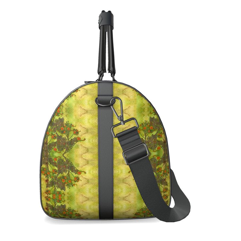 Hand Crafted, Print on Demand, England, River Jade Smithy, Travis Huffaker, RJSTH, Luggage & Bags > Duffel Bags, duffle, RJSTH@Fabric#2, WindSong Flower Collection, Nappa Leather, Gunmetal hardware, Small (W x L x H): 7.9" x 14.6" x 8.3,  Large (W x L x H): 9.1" x 20.1" x 11.2, black handle, moss, green, copper, orange, side