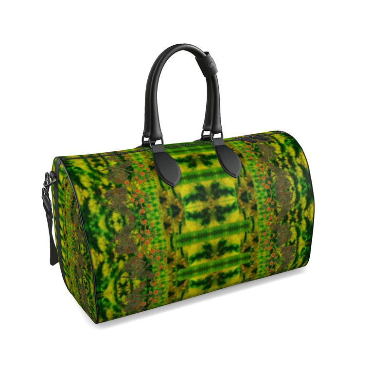 Hand Crafted, Print on Demand, England, River Jade Smithy, Travis Huffaker, RJSTH, Luggage & Bags > Duffel Bags, duffle, RJSTH@Fabric#3, WindSong Flower Collection, Nappa Leather, Gunmetal hardware, Small (W x L x H): 7.9" x 14.6" x 8.3,  Large (W x L x H): 9.1" x 20.1" x 11.2, black handle, green, jade, copper, orange, front detail