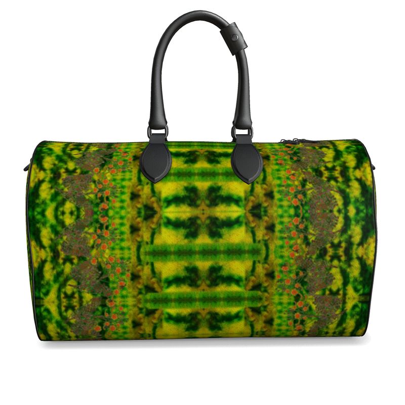 Hand Crafted, Print on Demand, England, River Jade Smithy, Travis Huffaker, RJSTH, Luggage & Bags > Duffel Bags, duffle, RJSTH@Fabric#3, WindSong Flower Collection, Nappa Leather, Gunmetal hardware, Small (W x L x H): 7.9" x 14.6" x 8.3,  Large (W x L x H): 9.1" x 20.1" x 11.2, black handle, green, jade, copper, orange, front