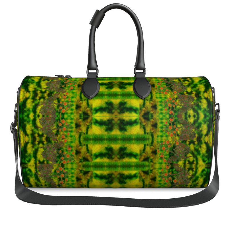 Hand Crafted, Print on Demand, England, River Jade Smithy, Travis Huffaker, RJSTH, Luggage & Bags > Duffel Bags, duffle, RJSTH@Fabric#3, WindSong Flower Collection, Nappa Leather, Gunmetal hardware, Small (W x L x H): 7.9" x 14.6" x 8.3,  Large (W x L x H): 9.1" x 20.1" x 11.2, black handle, green, jade, copper, orange, other front