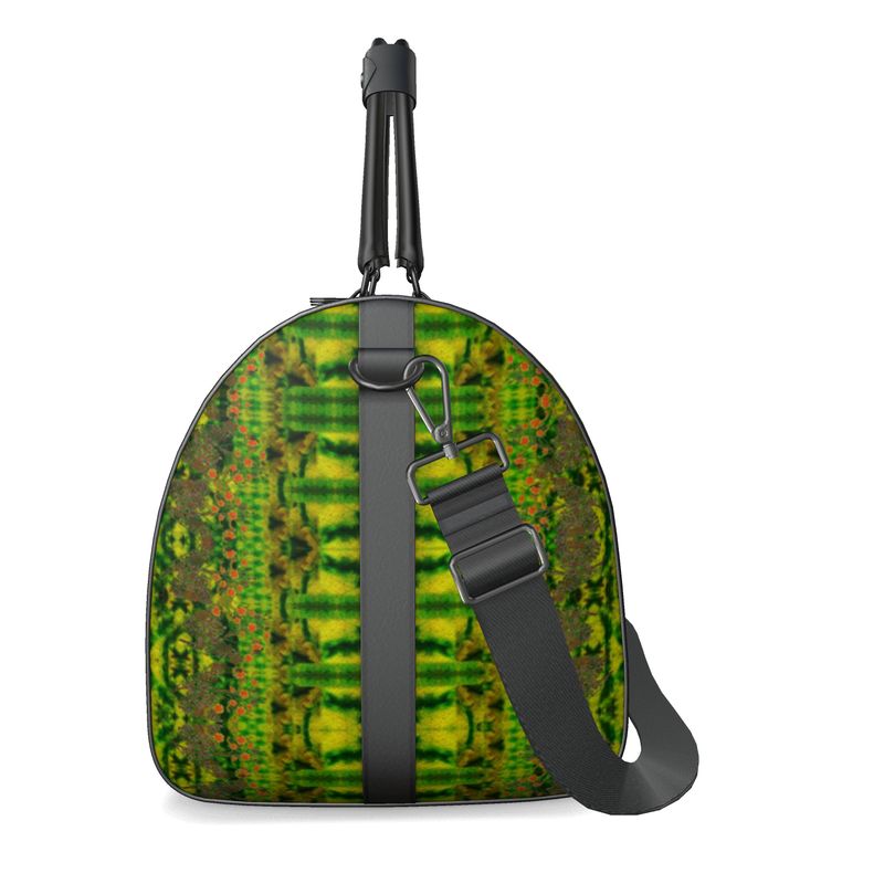 Hand Crafted, Print on Demand, England, River Jade Smithy, Travis Huffaker, RJSTH, Luggage & Bags > Duffel Bags, duffle, RJSTH@Fabric#3, WindSong Flower Collection, Nappa Leather, Gunmetal hardware, Small (W x L x H): 7.9" x 14.6" x 8.3,  Large (W x L x H): 9.1" x 20.1" x 11.2, black handle, green, jade, copper, orange, side