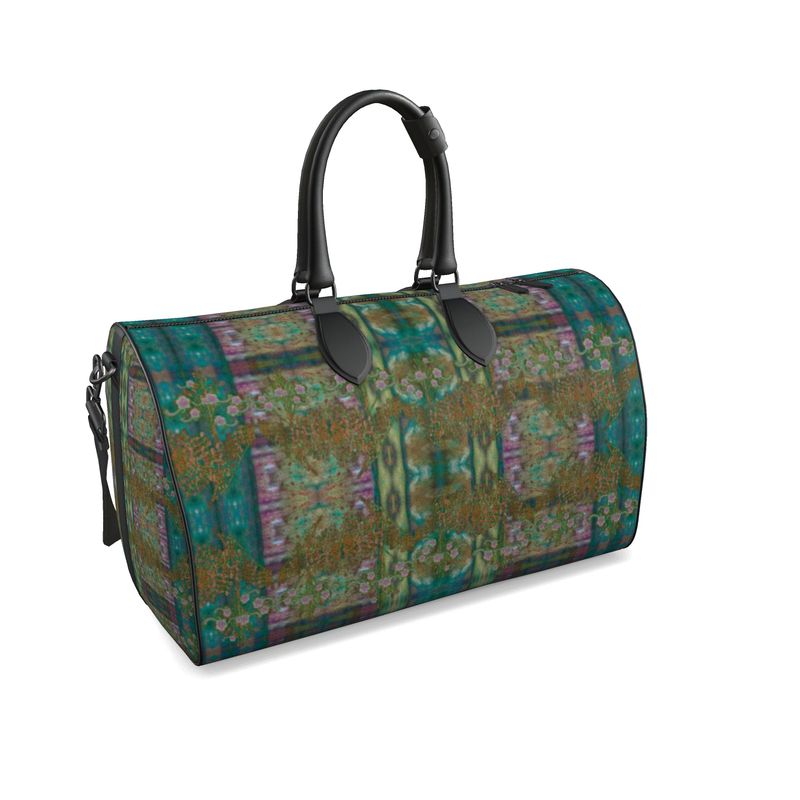 Hand Crafted, Print on Demand, England, River Jade Smithy, Travis Huffaker, RJSTH, Luggage & Bags > Duffel Bags, duffle, RJSTH@Fabric#4, WindSong Flower Collection, Nappa Leather, Gunmetal hardware, Small (W x L x H): 7.9" x 14.6" x 8.3,  Large (W x L x H): 9.1" x 20.1" x 11.2, black handle, blue, green, copper, purple, front detail