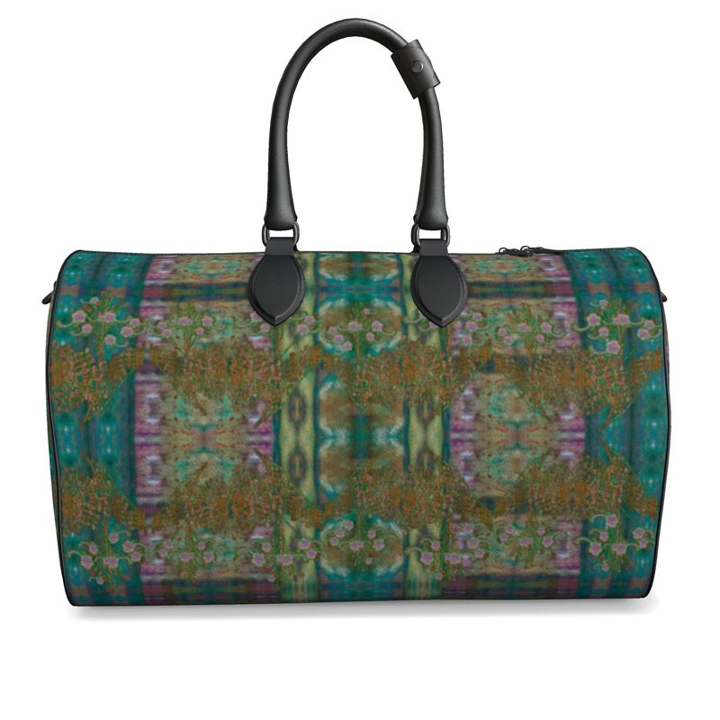Hand Crafted, Print on Demand, England, River Jade Smithy, Travis Huffaker, RJSTH, Luggage & Bags > Duffel Bags, duffle, RJSTH@Fabric#4, WindSong Flower Collection, Nappa Leather, Gunmetal hardware, Small (W x L x H): 7.9" x 14.6" x 8.3,  Large (W x L x H): 9.1" x 20.1" x 11.2, black handle, blue, green, copper, purple, front