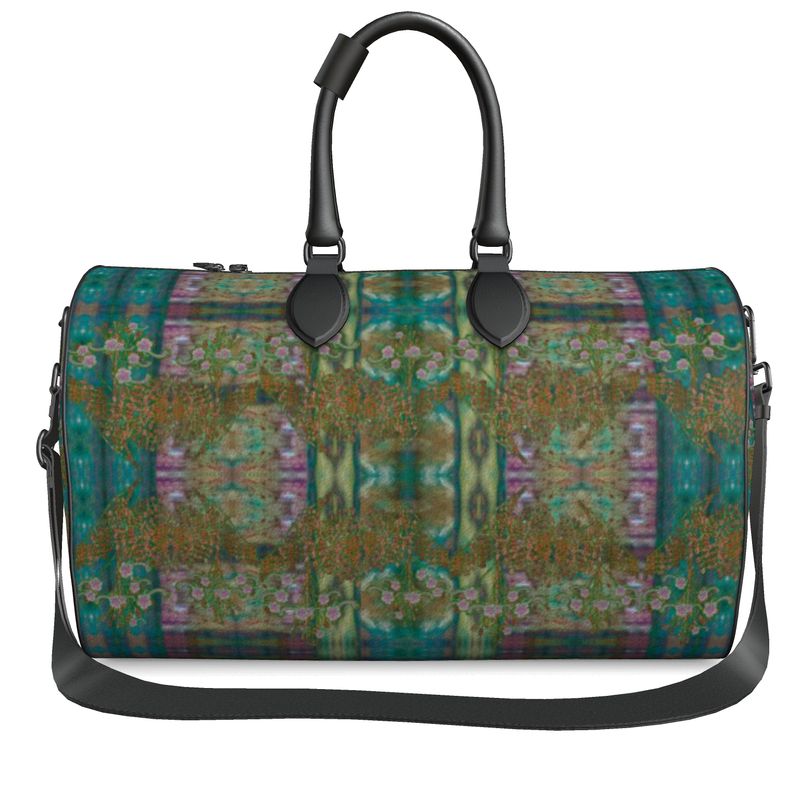 Hand Crafted, Print on Demand, England, River Jade Smithy, Travis Huffaker, RJSTH, Luggage & Bags > Duffel Bags, duffle, RJSTH@Fabric#4, WindSong Flower Collection, Nappa Leather, Gunmetal hardware, Small (W x L x H): 7.9" x 14.6" x 8.3,  Large (W x L x H): 9.1" x 20.1" x 11.2, black handle, blue, green, copper, purple, front