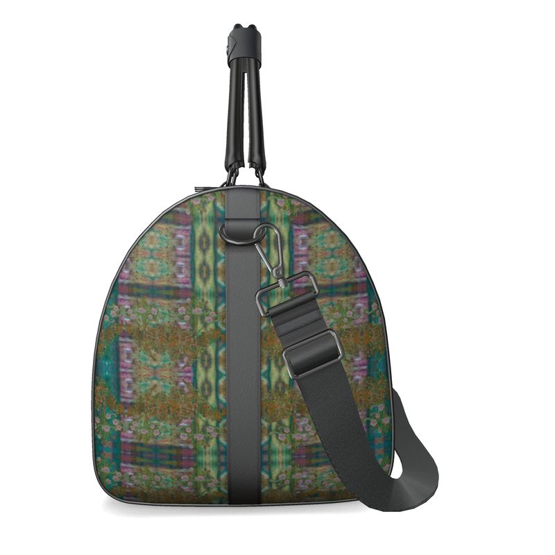Hand Crafted, Print on Demand, England, River Jade Smithy, Travis Huffaker, RJSTH, Luggage & Bags > Duffel Bags, duffle, RJSTH@Fabric#4, WindSong Flower Collection, Nappa Leather, Gunmetal hardware, Small (W x L x H): 7.9" x 14.6" x 8.3,  Large (W x L x H): 9.1" x 20.1" x 11.2, black handle, blue, green, copper, purple, side