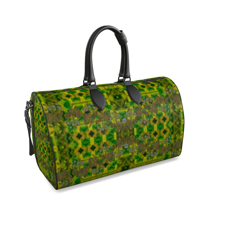 Hand Crafted, Print on Demand, England, River Jade Smithy, Travis Huffaker, RJSTH, Luggage & Bags > Duffel Bags, duffle, RJSTH@Fabric#5, WindSong Flower Collection, Nappa Leather, Gunmetal hardware, Small (W x L x H): 7.9" x 14.6" x 8.3,  Large (W x L x H): 9.1" x 20.1" x 11.2, black handle, green, jade, copper, purple, front detail