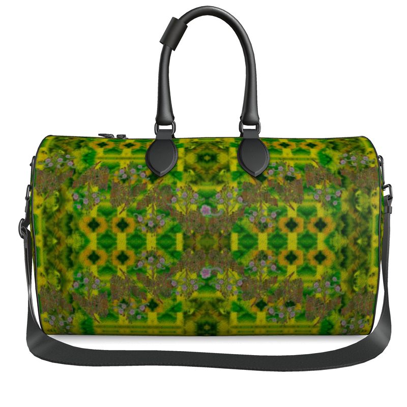 Hand Crafted, Print on Demand, England, River Jade Smithy, Travis Huffaker, RJSTH, Luggage & Bags > Duffel Bags, duffle, RJSTH@Fabric#5, WindSong Flower Collection, Nappa Leather, Gunmetal hardware, Small (W x L x H): 7.9" x 14.6" x 8.3,  Large (W x L x H): 9.1" x 20.1" x 11.2, black handle, green, jade, copper, purple, other front