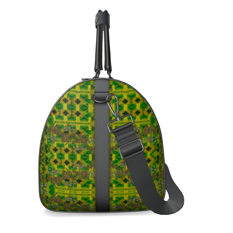 Hand Crafted, Print on Demand, England, River Jade Smithy, Travis Huffaker, RJSTH, Luggage & Bags > Duffel Bags, duffle, RJSTH@Fabric#5, WindSong Flower Collection, Nappa Leather, Gunmetal hardware, Small (W x L x H): 7.9" x 14.6" x 8.3,  Large (W x L x H): 9.1" x 20.1" x 11.2, black handle, green, jade, copper, purple, side