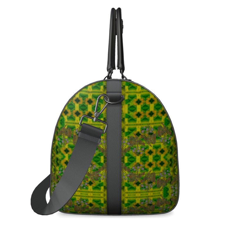Hand Crafted, Print on Demand, England, River Jade Smithy, Travis Huffaker, RJSTH, Luggage & Bags > Duffel Bags, duffle, RJSTH@Fabric#5, WindSong Flower Collection, Nappa Leather, Gunmetal hardware, Small (W x L x H): 7.9" x 14.6" x 8.3,  Large (W x L x H): 9.1" x 20.1" x 11.2, black handle, green, jade, copper, purple, other side