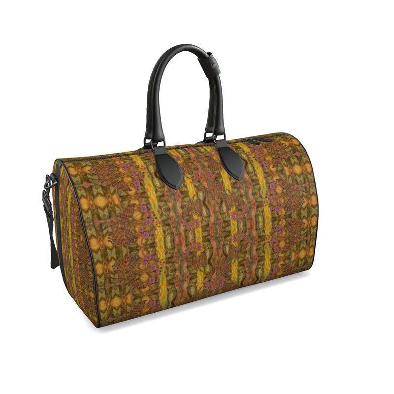 Hand Crafted, Print on Demand, England, River Jade Smithy, Travis Huffaker, RJSTH, Luggage & Bags > Duffel Bags, duffle, RJSTH@Fabric#6, WindSong Flower Collection, Nappa Leather, Gunmetal hardware, Small (W x L x H): 7.9" x 14.6" x 8.3,  Large (W x L x H): 9.1" x 20.1" x 11.2, black handle, bronze, gold, copper, purple flowers, front detail
